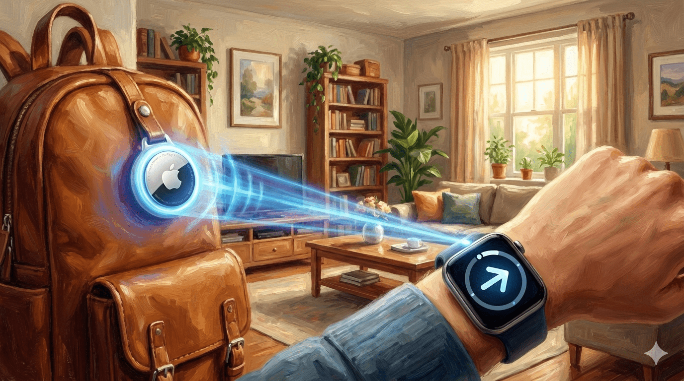 AirTag 2 的精準定位功能得到了改進，其有效範圍擴大，現在比第一代 AirTag 的有效距離增加了 1.5 倍，也首次將此功能帶到了 Apple Watch 上。（圖／AI生成）