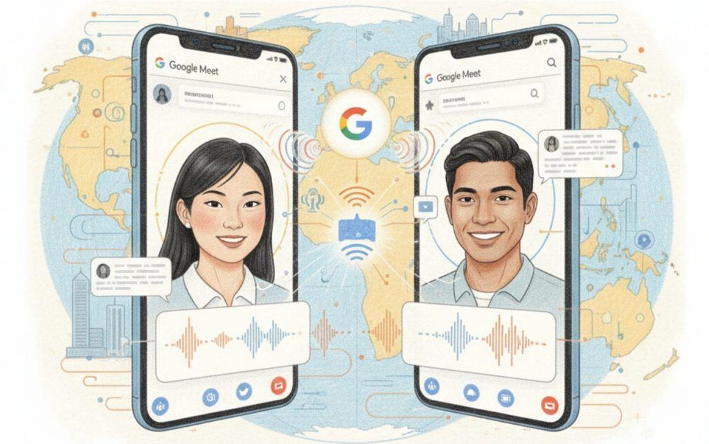 電腦上的 Google Meet 支援即時語音翻譯，允許參與者用母語發言，平台會將語音即時翻譯成口語句子，本質上是透過在原始語音上疊加模仿說話者語調和語速的音訊翻譯來保留對話的流暢性。（圖／AI生成）
