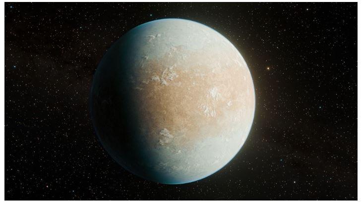 藝術家想像圖：這顆名為HD 137010b的候選系外行星，被稱為「冷地球」，因為它可能是一顆略大於地球的岩石行星，繞行一顆類太陽恆星，距離地球約146光年。（圖／NASA/JPL-Caltech/Keith Miller (Caltech/IPAC)）