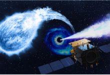 藝術家描繪的愛因斯坦探測器衛星捕捉中等質量黑洞、撕裂白矮星並產生相對論性噴流的場景。（圖／中國科學院國家天文台愛因斯坦探測器科學中心/Sci Visual）