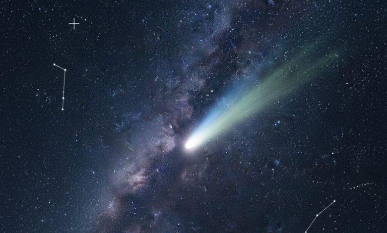 彗星C/2023 E1 Wierzchos即將於三月於黃昏時分再次現身夜空。（圖／AI生成）