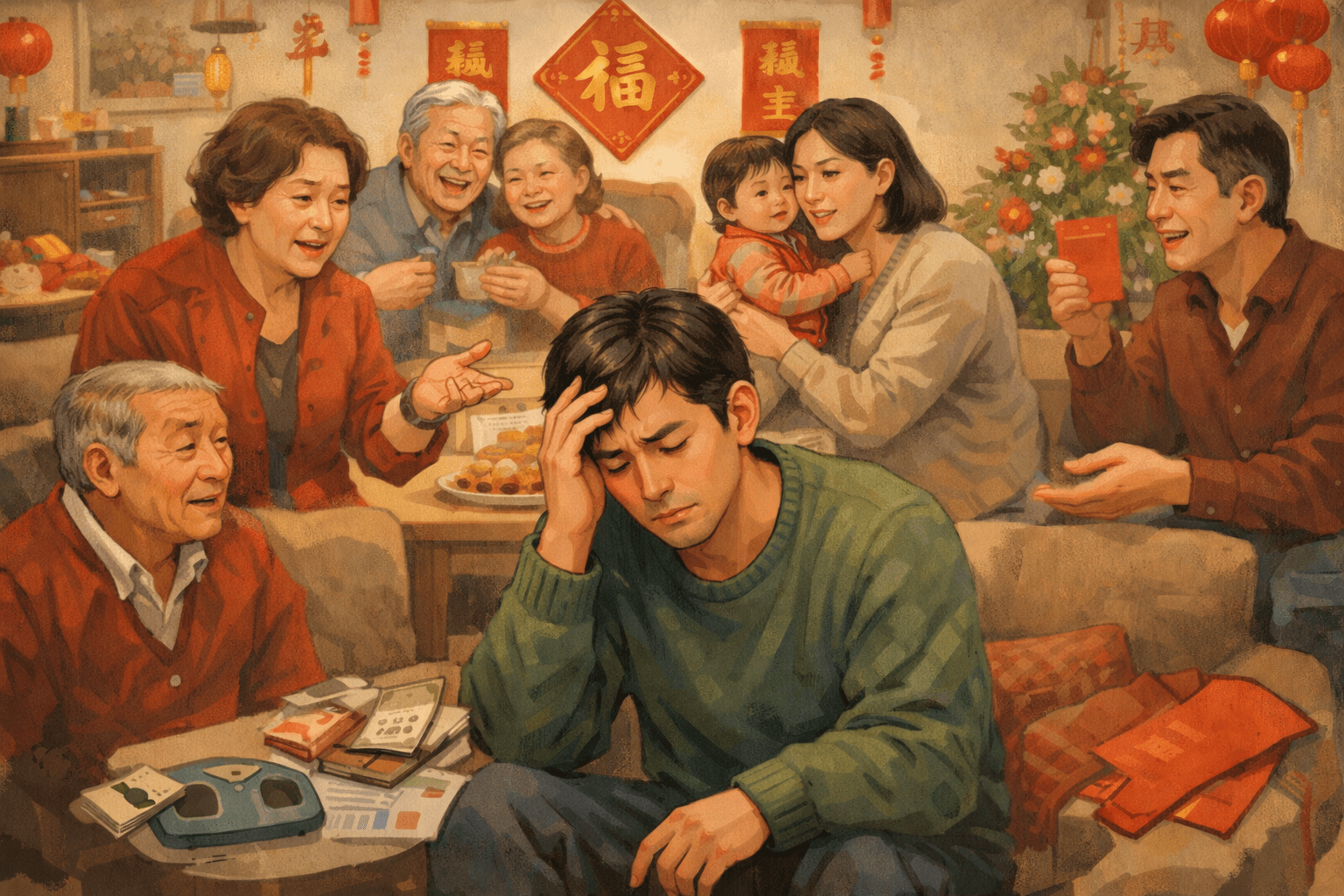 農曆新年對不少人而言，是壓力最大的「社交時期」。（圖／AI生成）