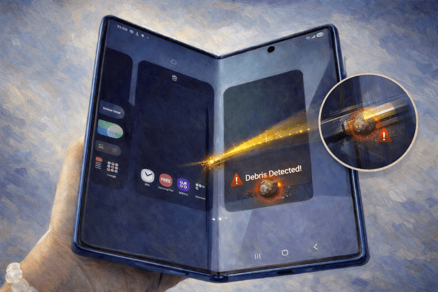 目前尚不清楚異物檢測功能是硬體功能還是軟體功能，這次重點展示了一項可能幫助用戶避免昂貴螢幕維修費用的功能。（圖／AI生成）