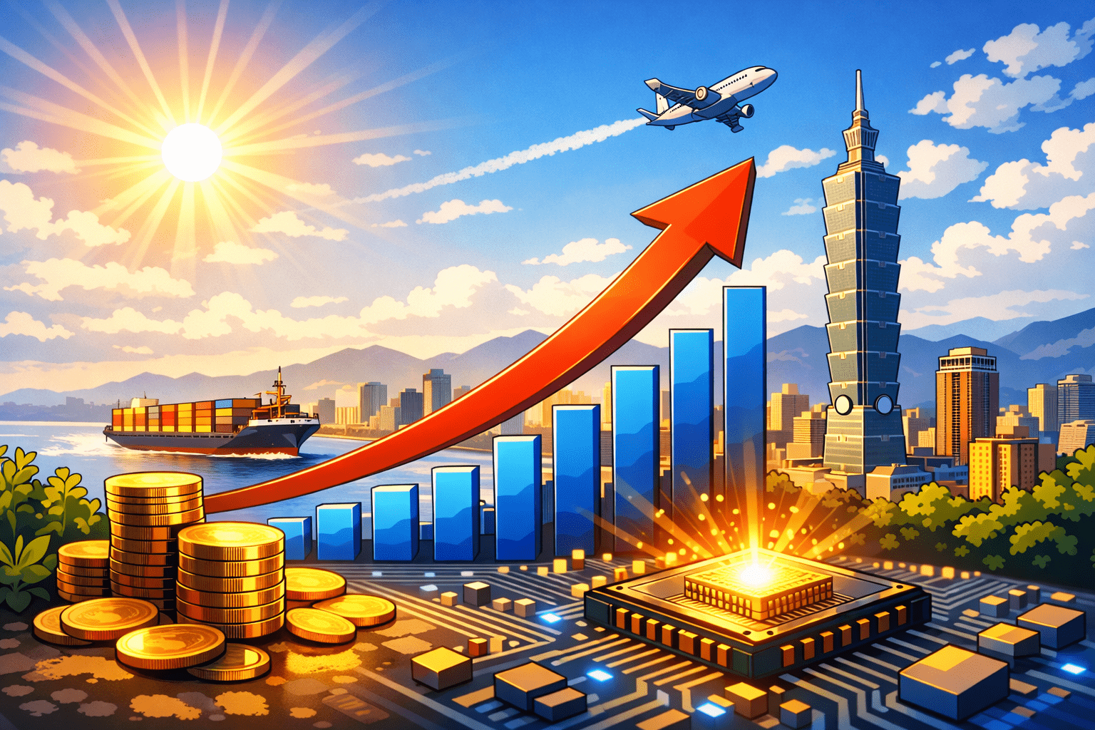 受惠於AI熱度持續、關稅疑慮淡化，今年台灣經濟成長率（GDP）上看4.05%。（圖／AI生成）