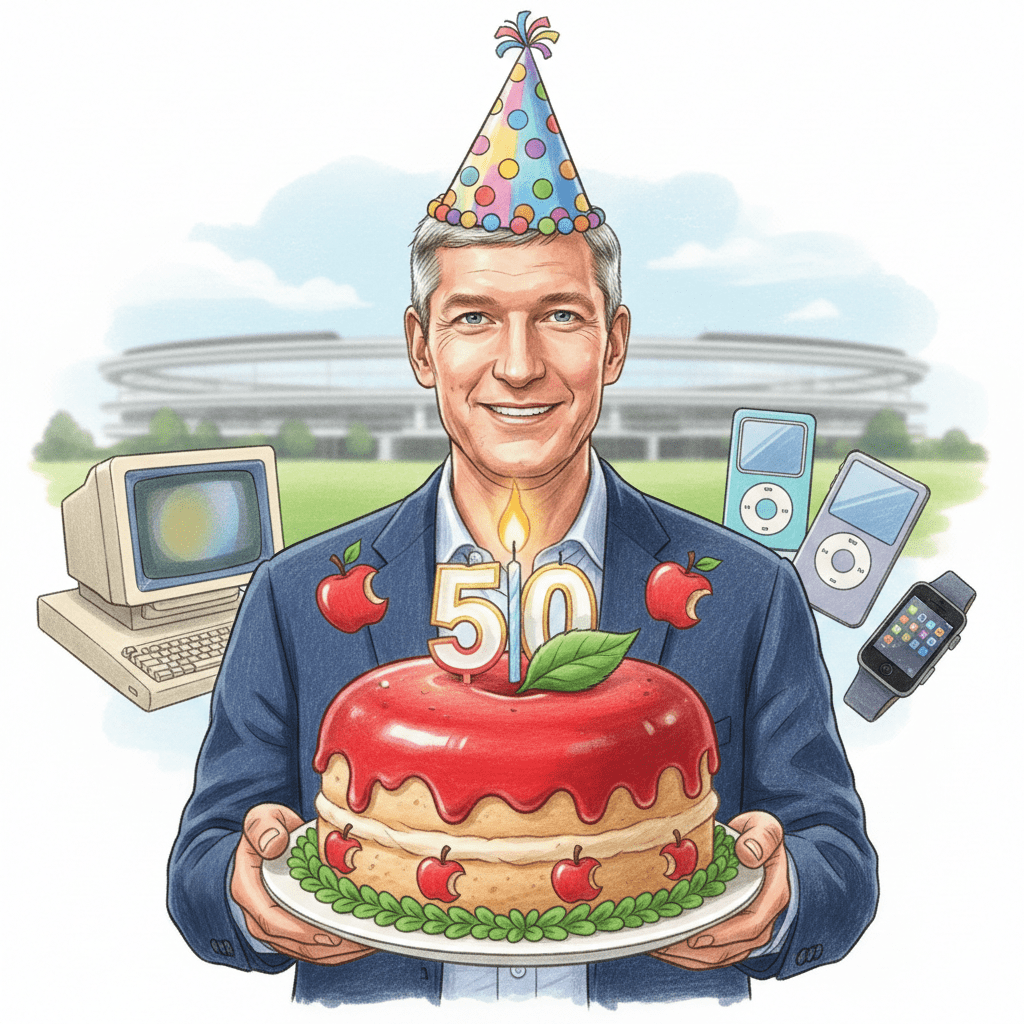 《彭博社》記者分享庫克在演講的內容，表示「一直在思考如何紀念50週年這個特別的時刻」、「目前還不能透露具體的慶祝方式，敬請期待。」（圖／AI生成）