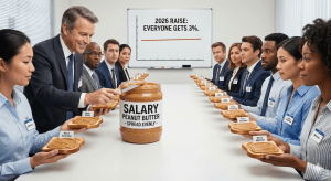 許多公司開始採用「花生醬式」加薪策略，將薪水漲幅平均分配給所有員工。（圖／AI生成）