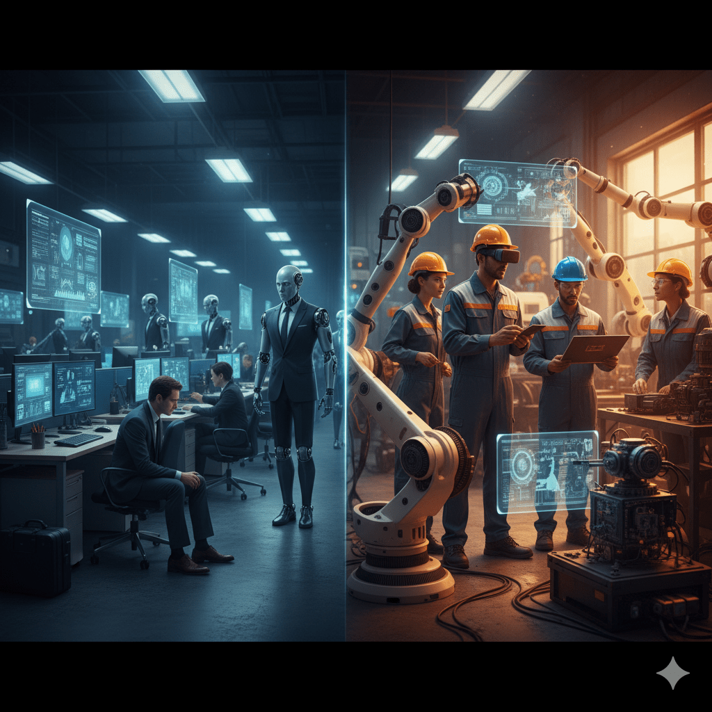 AI技術的擴散正在打破傳統就業結構，使得白領與藍領之間的界線出現新的重塑。（圖／AI生成）