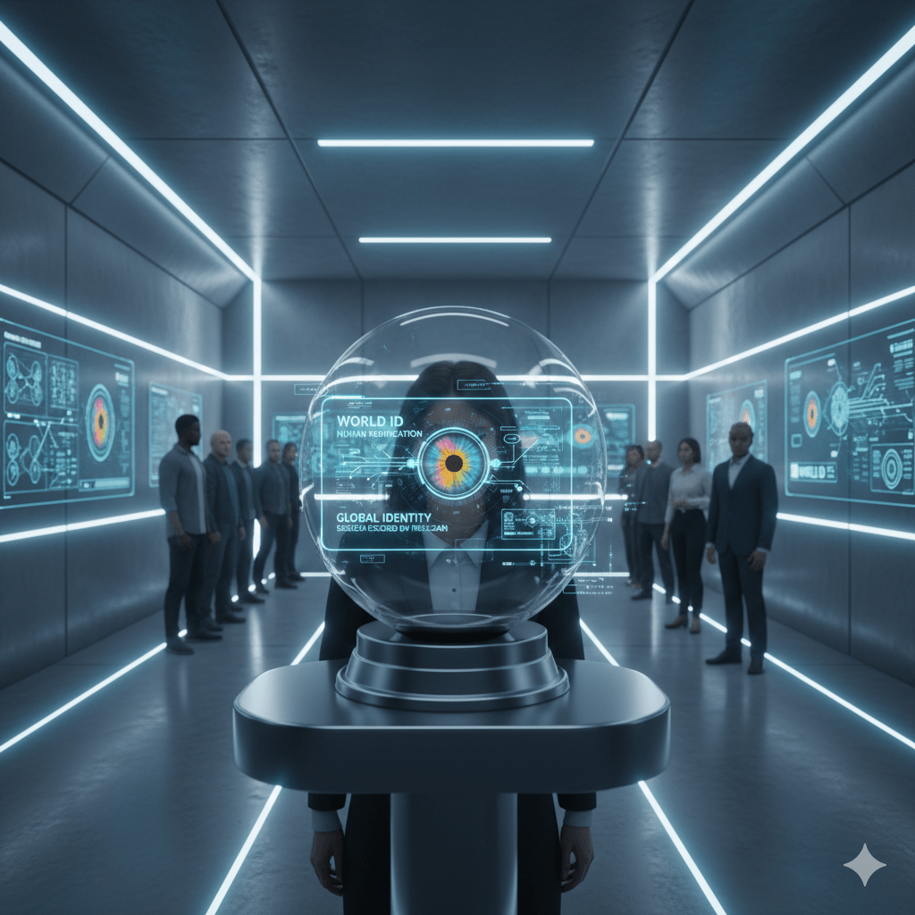 World/Worldcoin正試圖打造號稱「通用人類證明（universalproofofhuman）」的全球身份驗證系統。（圖／AI生成）