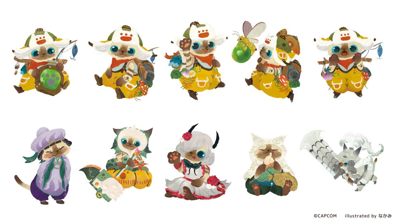 《魔物獵人：荒野》中登場的艾路貓，被描繪得溫暖柔和。它們都穿著各種各樣的裝備。（圖／取自卡普空官網）