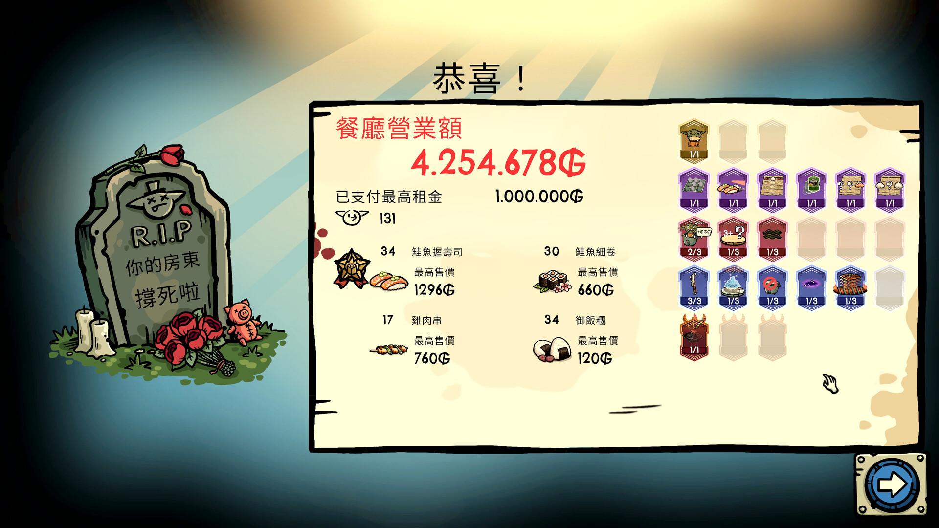 展示你天文數字般的銷售成績、最暢銷的壽司料理，以及那些聰明絕頂的組合。（圖／取自Steam）