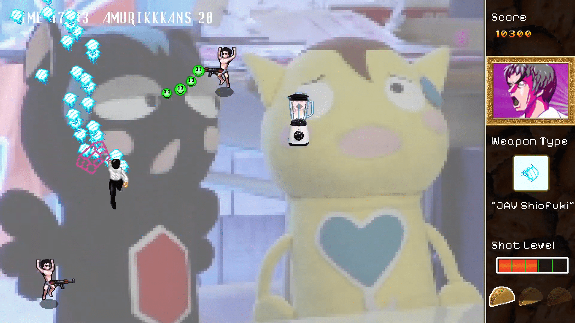 如果這還不夠，香港2097還允許你收集你夢寐以求的髒內褲卡。你能集齊全部20張嗎？本作擁有多種難度設定、多種武器選擇、具有隨機效果的道具、驚喜客串角色和可解鎖模式，堪稱世紀續作。（圖／擷取自KaniPro Games YT）