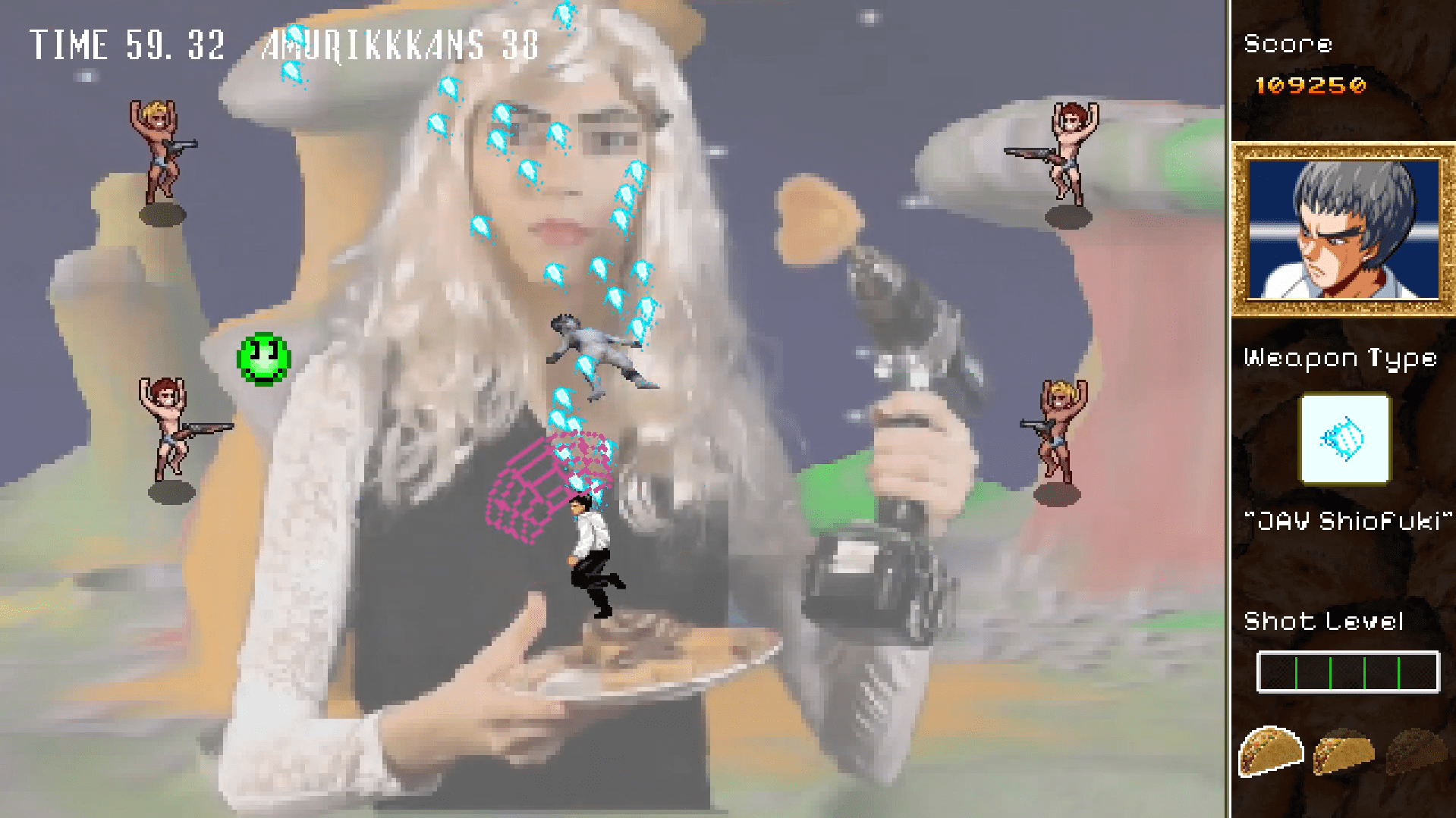 雖然《香港2097》比原作內容豐富得多，但你依然可以期待那些讓《香港97》如此「精彩」的元素：乏味的劇情、隨意的人物設計、莫名其妙的隨機場景以及7秒循環的音樂。前一秒你可能還在德州的牧場上射擊跳舞的熱狗，下一秒就得在愛達荷州和暴露狂山姆大叔們戰鬥。（圖／擷取自KaniPro Games YT）