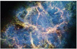 科學家破解「蟹狀星雲脈衝星斑馬條紋」之謎!重力是最後拼圖 1 大多數脈衝星的射電波譜較寬且雜亂,不像蟹脈衝星的訊號有如此清晰的條帶。圖中為由美國航空暨太空總署(NASA)的詹姆斯•韋伯太空望遠鏡(James Webb Space Telescope)拍攝的蟹狀星雲影像。(圖/取自NASA)