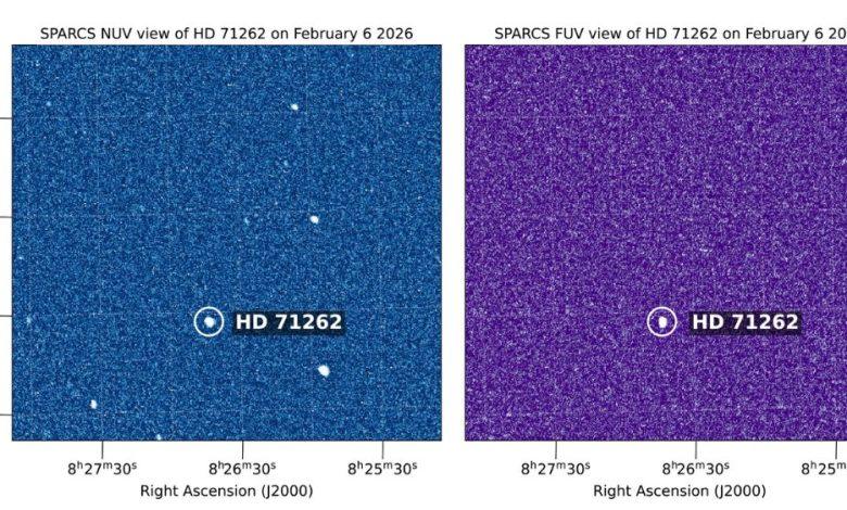 這組影像顯示2026年2月6日由SPARCS太空望遠鏡觀測的恆星：左為近紫外線，右為遠紫外線。能在遠紫外線看到的恆星最熱，而近紫外線則可見多顆恆星。（圖／NASA/JPL-Caltech/ASU）