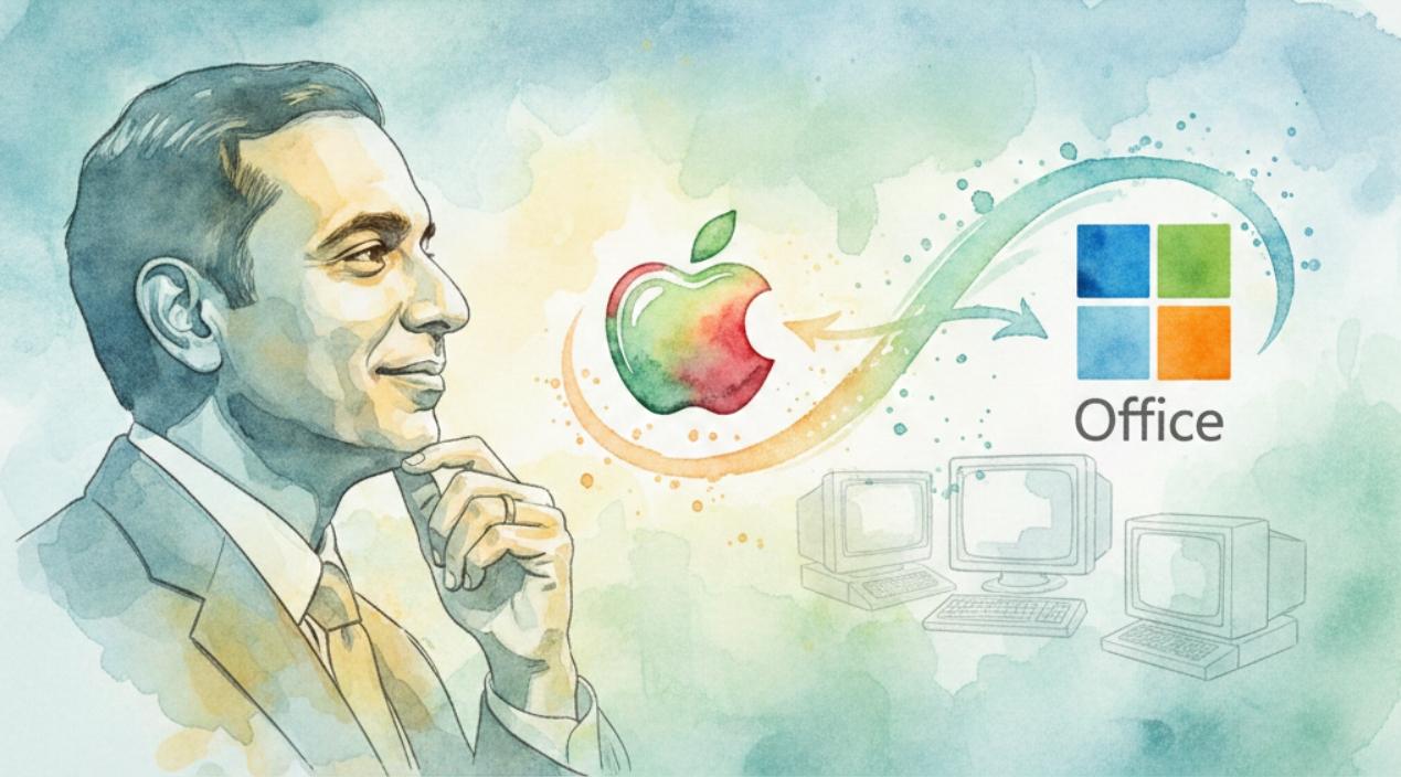 微軟執行長:沒有蘋果就沒有現在的Office!感性回顧與蘋果合作起源 1 微軟前執行長薩蒂亞·納德拉最近在與摩根士丹利的一次談話中出人意料地坦率,他直言不諱地強調了公司對英特爾和蘋果的感激之情。(圖/AI生成)