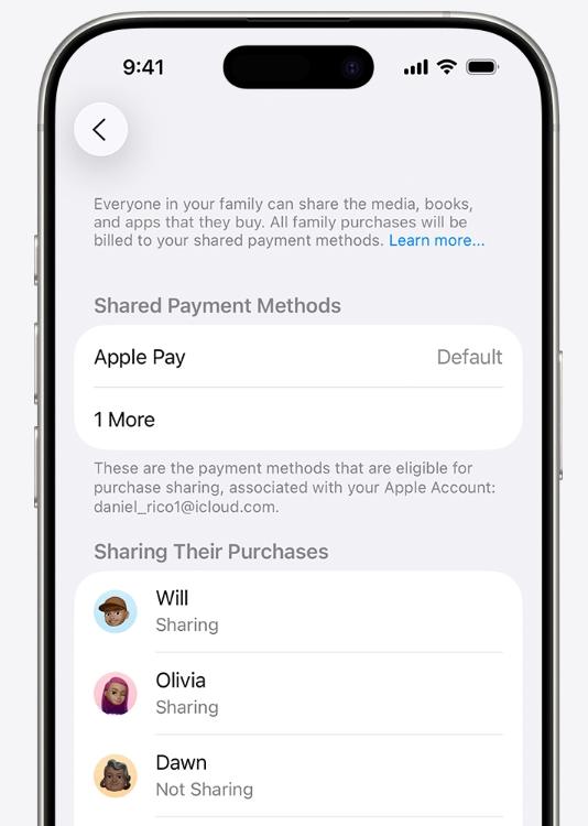 如果加入了「家人共享」群組，你的購買款項將從自己的 Apple 帳戶餘額中扣除。如果餘額不足以支付購買款項，剩餘部分將從家庭組織者處扣除（前提是已啟用「購買共享」）；也可以添加自己的付款方式。（圖／擷取自蘋果官網）