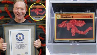 這款鮮紅色的火辣奇多薯片，上面印有寶可夢「噴火龍」的醒目輪廓，於去年三月由 Goldin Auctions 拍賣行以高達 87,840 美元售出，成為有史以來最昂貴的食品之一。（圖／取自金氏世界紀錄官方IG）