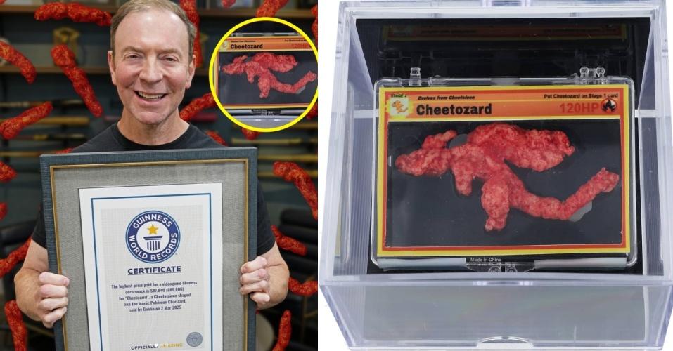 這款鮮紅色的火辣奇多薯片，上面印有寶可夢「噴火龍」的醒目輪廓，於去年三月由 Goldin Auctions 拍賣行以高達 87,840 美元售出，成為有史以來最昂貴的食品之一。（圖／取自金氏世界紀錄官方IG）