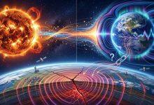 太陽耀斑釋放的高能粒子與電磁波，可能對地球高層大氣和電離層造成擾動，使地表斷層承受的微小力發生變化。（圖／AI生成）