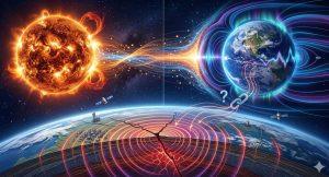 太陽耀斑竟可能觸發地震?科學家探索神秘連結 1 太陽耀斑釋放的高能粒子與電磁波,可能對地球高層大氣和電離層造成擾動,使地表斷層承受的微小力發生變化。(圖/AI生成)