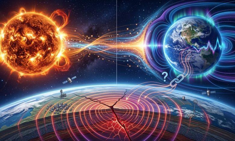 太陽耀斑釋放的高能粒子與電磁波，可能對地球高層大氣和電離層造成擾動，使地表斷層承受的微小力發生變化。（圖／AI生成）