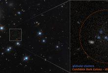 NASA哈伯望遠鏡影像顯示暗物質星系CDG‑2（紅色虛線圈內），透過四個球狀星團（藍圈）發現，背景星系無關。（圖／取自NASA）