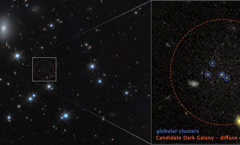 NASA哈伯望遠鏡影像顯示暗物質星系CDG‑2（紅色虛線圈內），透過四個球狀星團（藍圈）發現，背景星系無關。（圖／取自NASA）