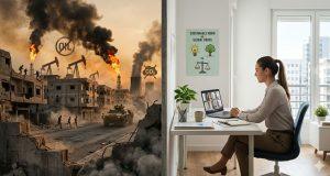 中東地區持續的戰事引發能源危機，居家上班成了節省燃料、降低碳排、維持經濟運作的「救命解藥」。（圖／AI生成）