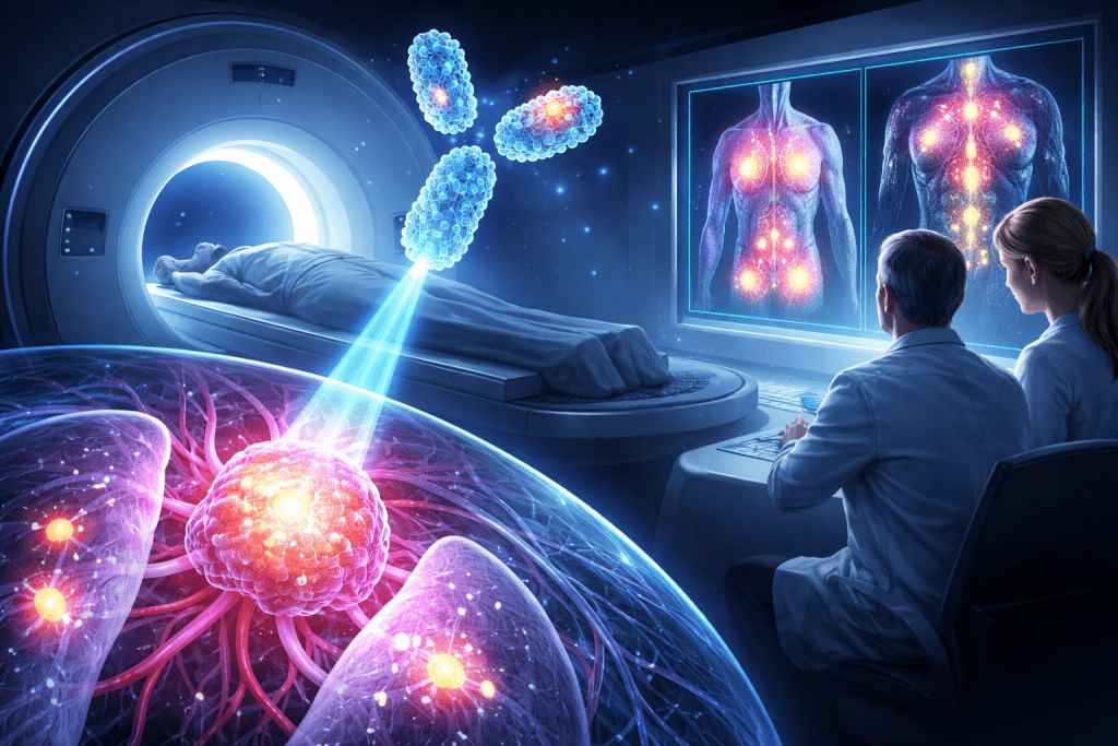 研究人員開發出一種微型抗體，能精準鎖定常見的癌症蛋白質，並在正電子斷層掃描中讓腫瘤「發光」。（圖／AI生成）