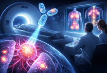 研究人員開發出一種微型抗體，能精準鎖定常見的癌症蛋白質，並在正電子斷層掃描中讓腫瘤「發光」。（圖／AI生成）