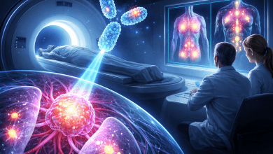 研究人員開發出一種微型抗體，能精準鎖定常見的癌症蛋白質，並在正電子斷層掃描中讓腫瘤「發光」。（圖／AI生成）