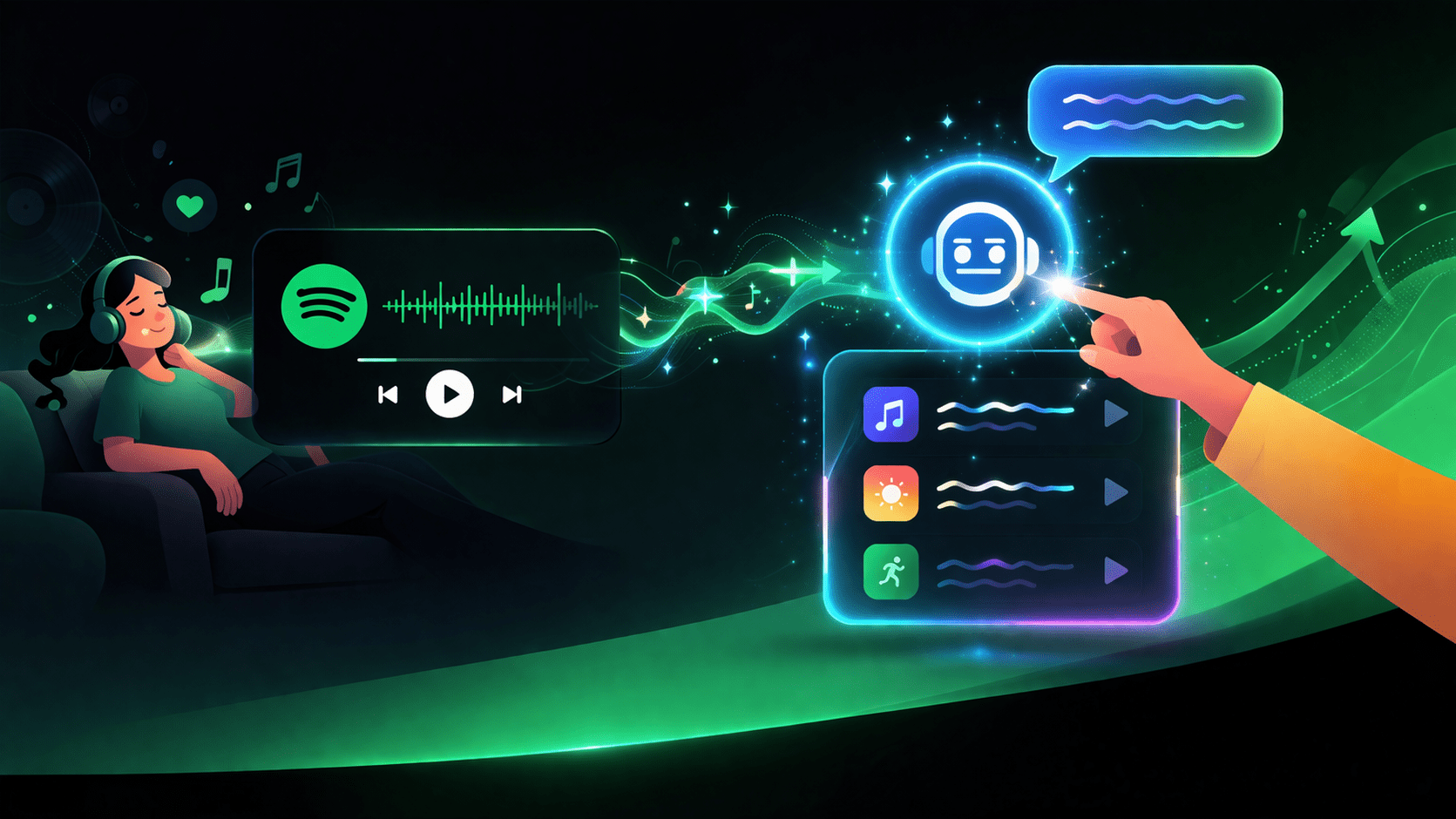 Spotify積極轉向AI領域，與ChatGPT整合推出「提示詞清單」功能。（圖／AI生成）