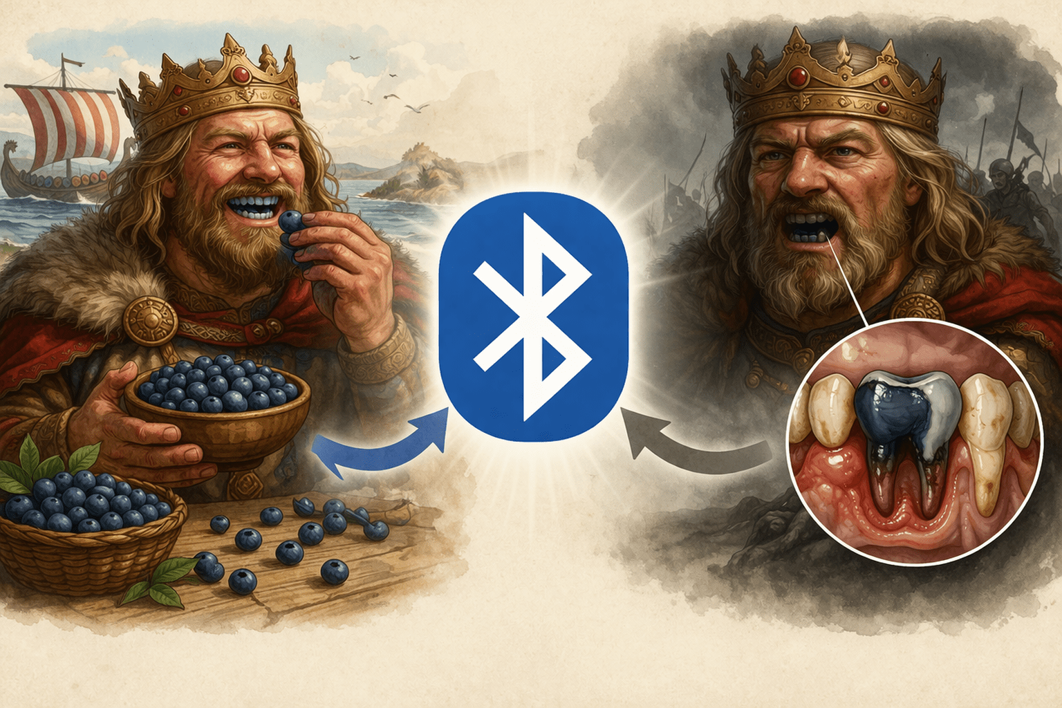 藍牙（Bluetooth）的由來，是致敬一位於10世紀統一北歐的丹麥國王，他有著「藍牙」綽號。（圖／AI生成）