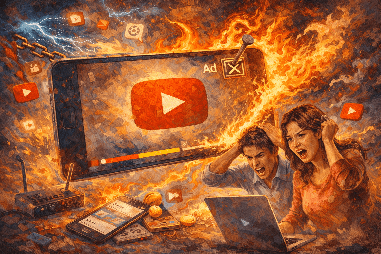 廣告成釘子戶?YouTube全螢幕廣告關不掉釀災情 建議版本更新 1 根據 Reddit 上幾位新用戶的報告指出,YouTube 正在推送持續的角落疊加橫幅廣告,即使反覆關閉,這些廣告也沒能離開螢幕。(圖/AI生成)