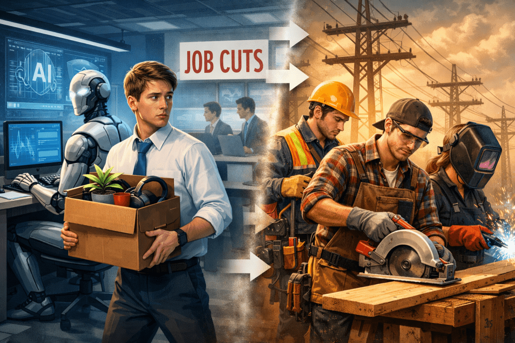 精選 5 美國年輕工作者逃離可能被AI取代的辦公室職位,轉而投身電力、木工等產業。(圖/AI生成)