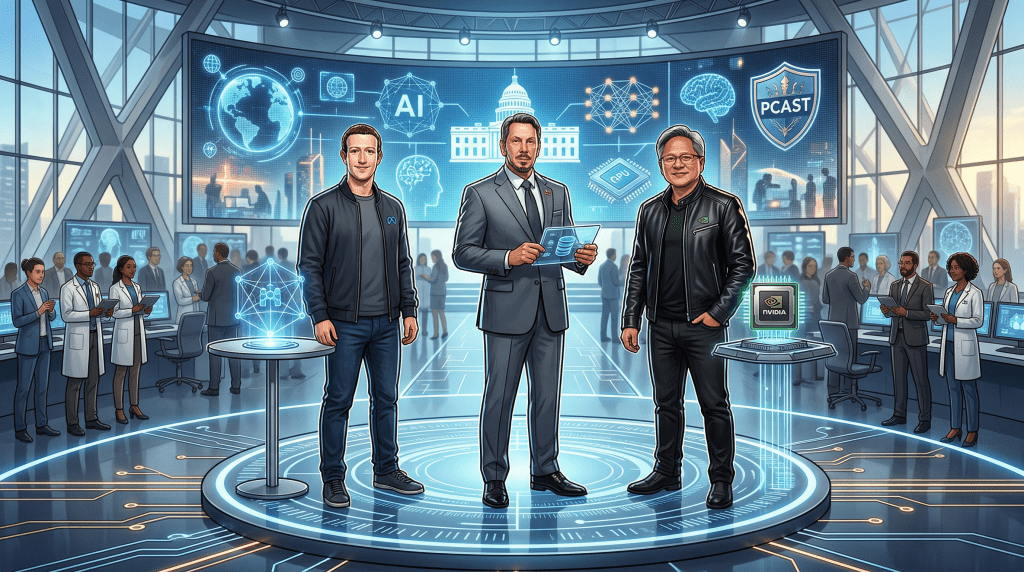 川普任命祖克柏、艾里森、黃仁勳加入總統科學技術顧問委員會（PCAST）。（圖／AI生成）