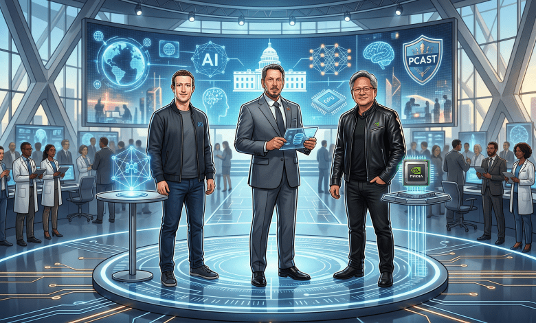 川普任命祖克柏、艾里森、黃仁勳加入總統科學技術顧問委員會（PCAST）。（圖／AI生成）