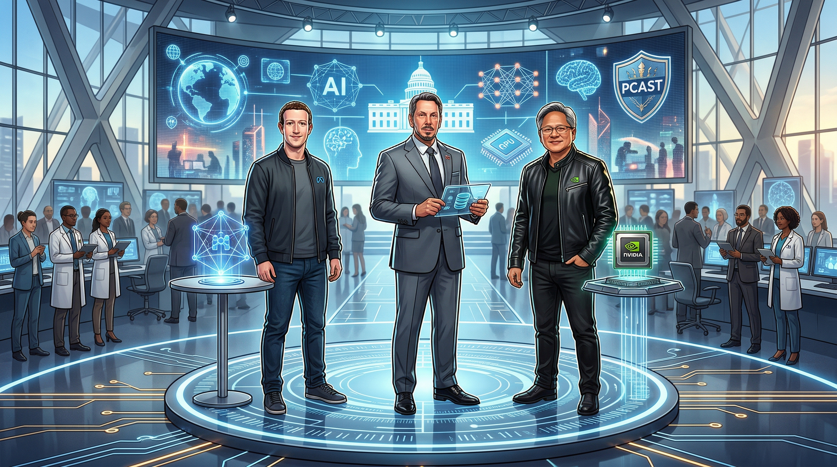 川普任命祖克柏、艾里森、黃仁勳加入總統科學技術顧問委員會（PCAST）。（圖／AI生成）