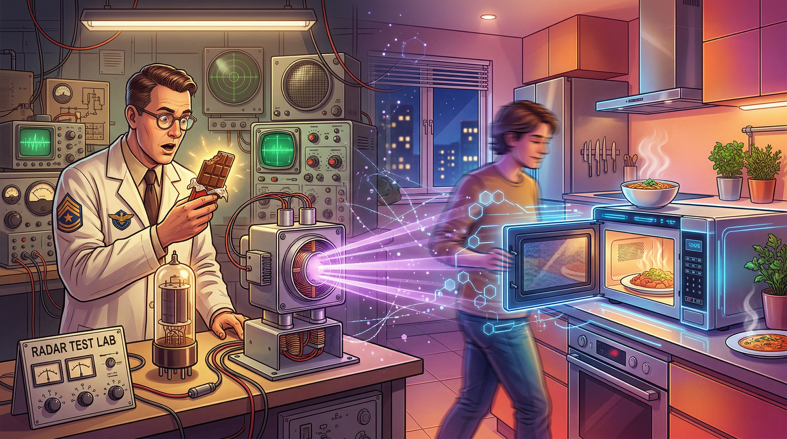 微波爐的發明是來自於口袋裡一塊意外融化的巧克力而觸發的靈感。（圖／AI生成）
