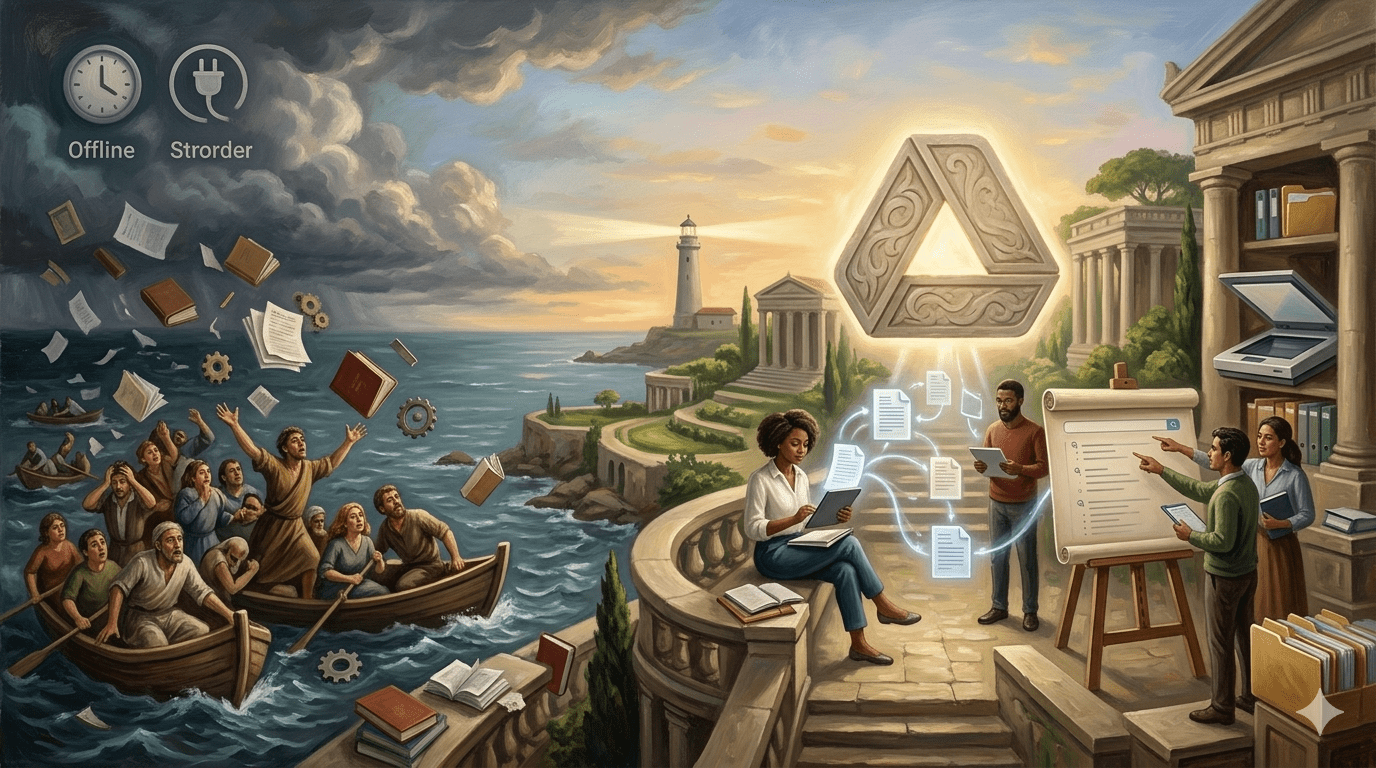 若要在電腦上使用，請開啟 Google 雲端硬碟設定並啟用離線模式。在行動裝置上，點選檔案名稱旁的三點選單圖標，然後選擇「可離線使用」。（圖／AI生成）