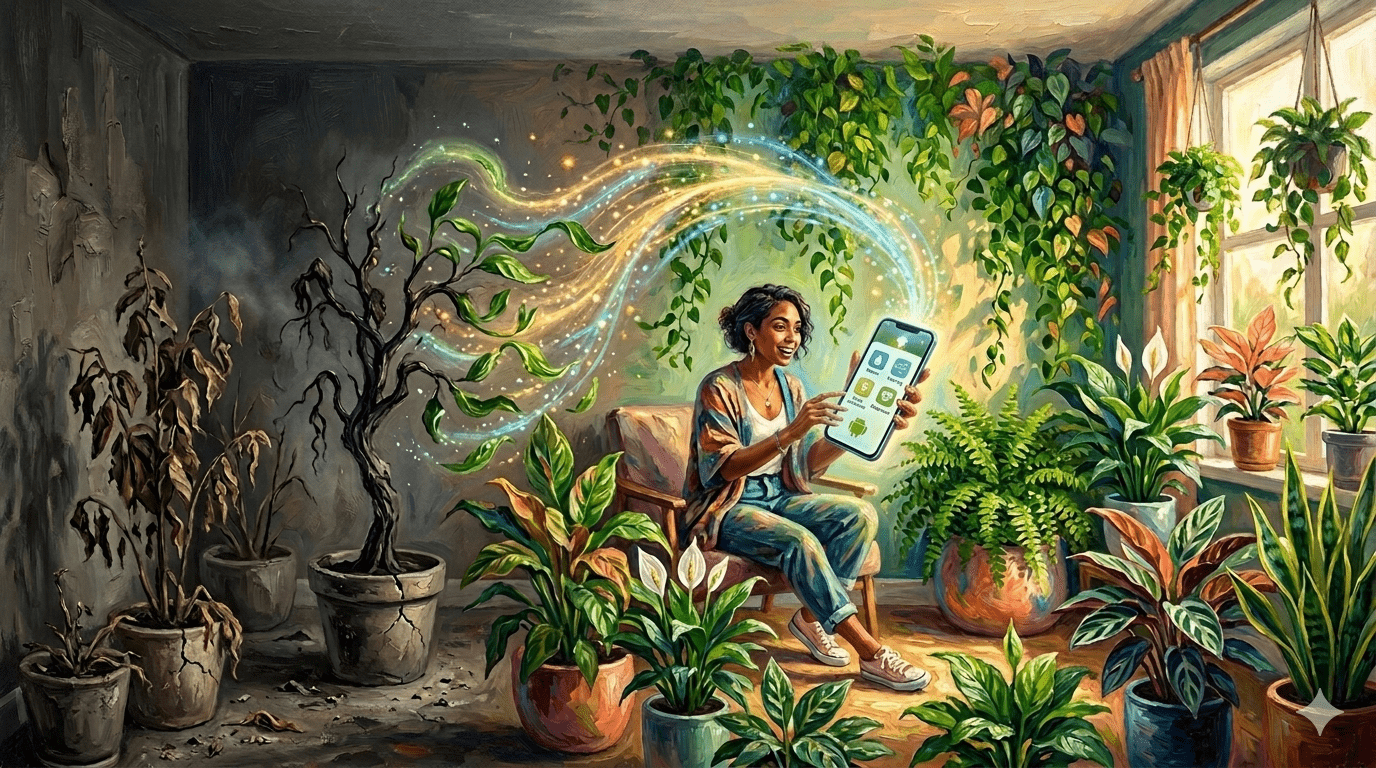 植物殺手有救了!這 3 款安卓App讓枯草變綠洲、重拾滿屋綠意 1 「無可救藥」的植物殺手救星!3款安卓系統推薦程式,快來試試吧!(圖/AI生成)