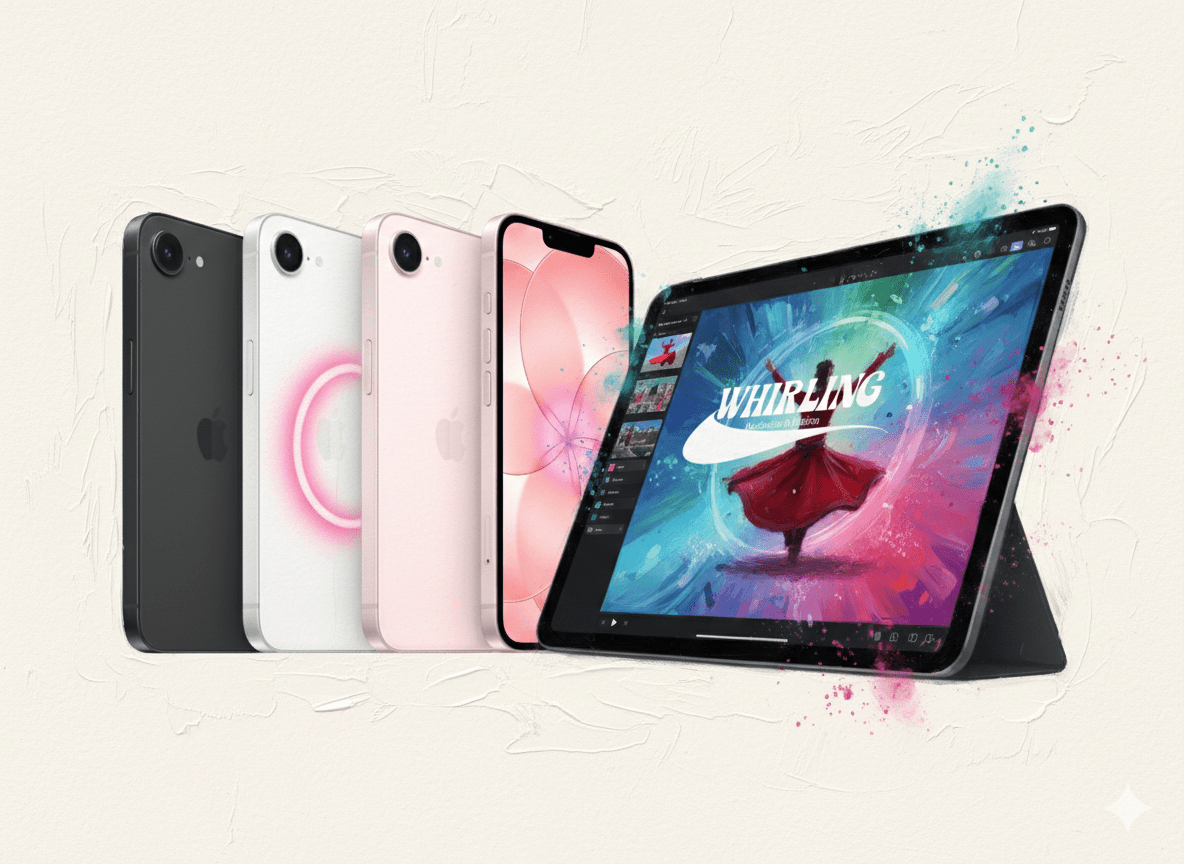 iPhone 17e具備4800 萬像素融合相機擁有 2 倍光學品質望遠功能，為使用者提供二合一相機體驗。11 吋 iPad Air 方便攜帶，而 13 吋機型則為更寬廣的多工處理空間提供更大的顯示器。（圖／AI生成）