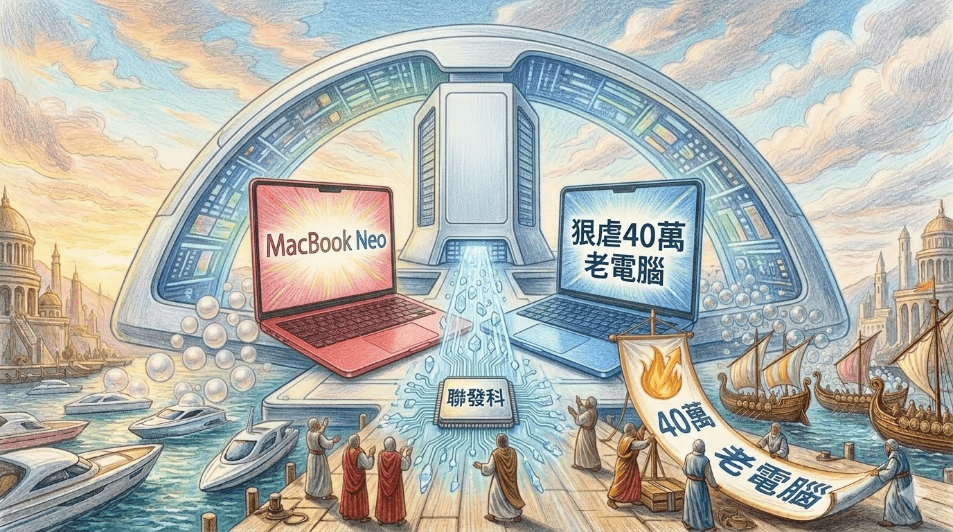 MacBook Neo 的效能比 M1 MacBook Air 提升了 43%，這充分說明了蘋果 A18 Pro 晶片的優越性。（圖／AI生成）