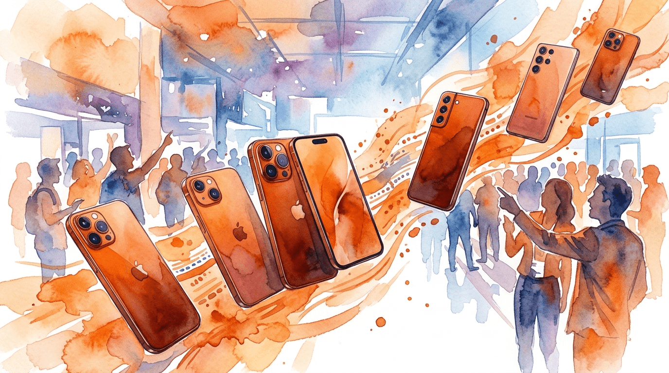 蘋果先前發表全新配色「宇宙橙」的iPhone 17 Pro ，如今在MWC 2026上引起一陣抄襲風潮。（圖／AI生成）