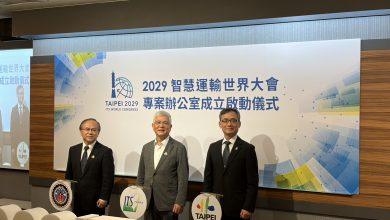 資策會助攻!台北備戰2029「交通界奧運」打造智慧示範城市 4 2029 ITS世界大會專案管理辦公室今(30)日舉辦啟動儀式,圖為貴賓合影,左起為:交通部政務次長陳彥伯、中華智慧運輸協會理事長施義芳、臺北市政府副市長張溫德。(圖/記者鄧天心拍攝)
