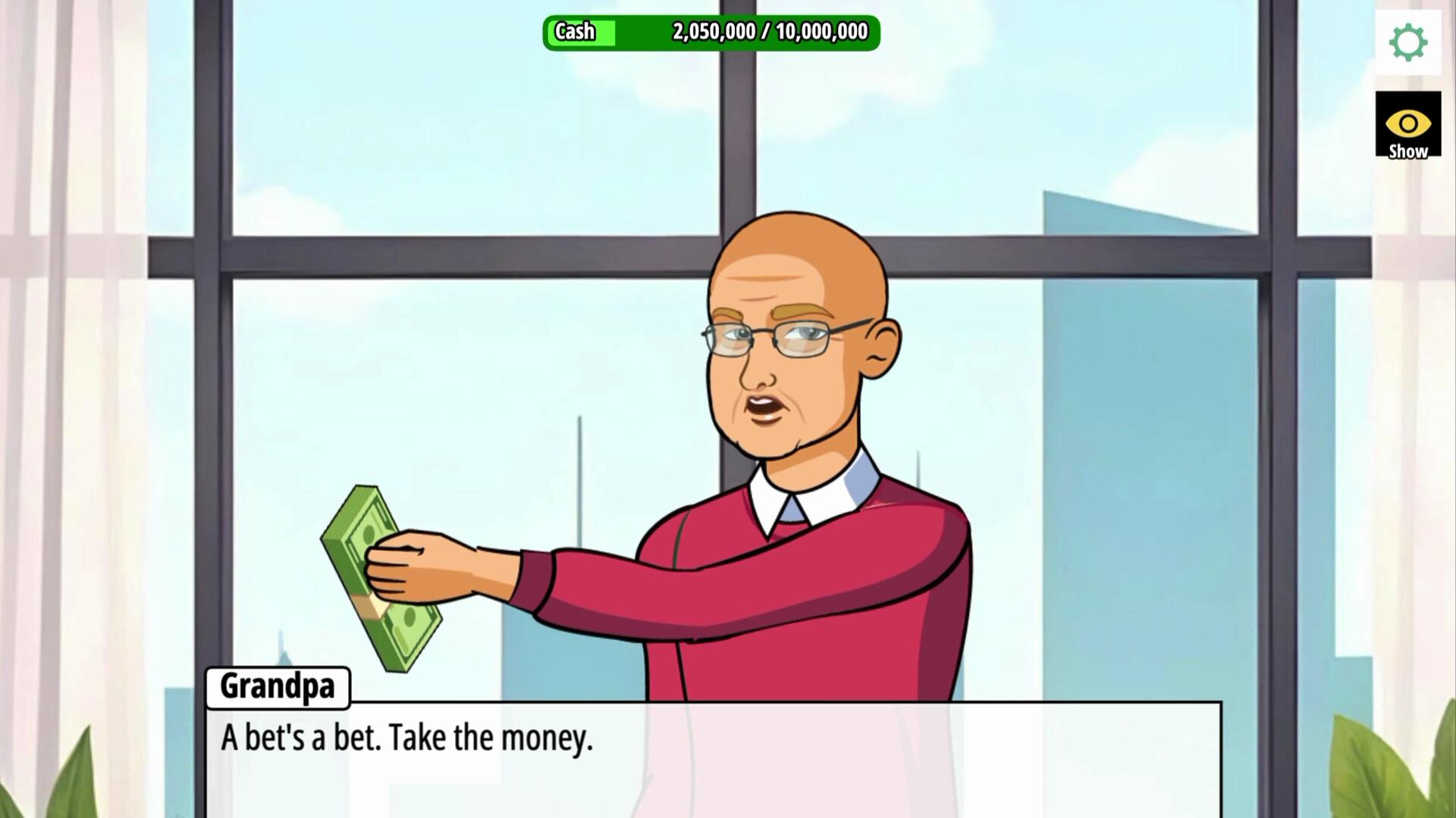 你需要說服爺爺給你1000萬美元，在故事結尾之際達到這個金額，否則將面臨嚴重的後果。不妨試著透過讓爺爺感受到愛來操控他。（圖／取自Steam）