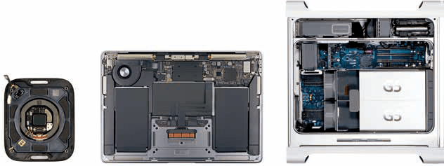 Apple Watch（左）、MacBook Air 與Power Mac 的整齊內部結構。（非等比例）（圖／天下文化提供）