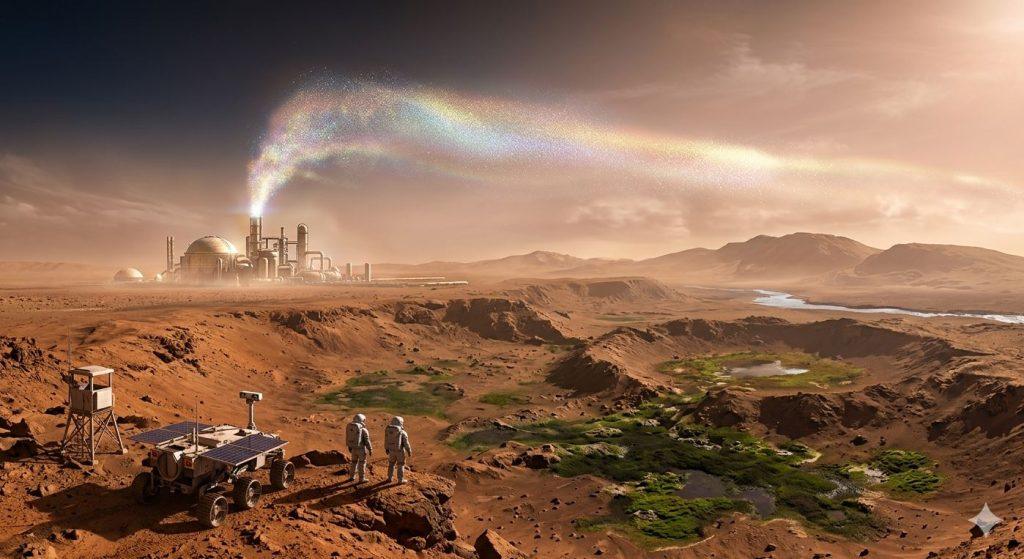 精選 9 科學家提出透過向火星大氣釋放人造氣膠的方式,讓火星更適合人類活動的重要策略之一。(圖/AI生成)