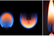 太空中產生的球形火焰（左圖）和地球上燃燒的蠟燭火焰（右圖）。（圖／NASA）