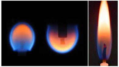 太空中產生的球形火焰（左圖）和地球上燃燒的蠟燭火焰（右圖）。（圖／NASA）